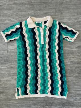 Heartloom Chevron Knit Polo Top Shirt Green Wavy Crochet Short Sleeve Cotton S